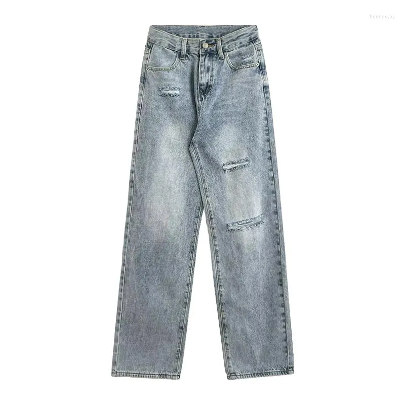 Kvinnors jeans retro ljusblå tvättade grundläggande höga midja tunna raka hålbyxor