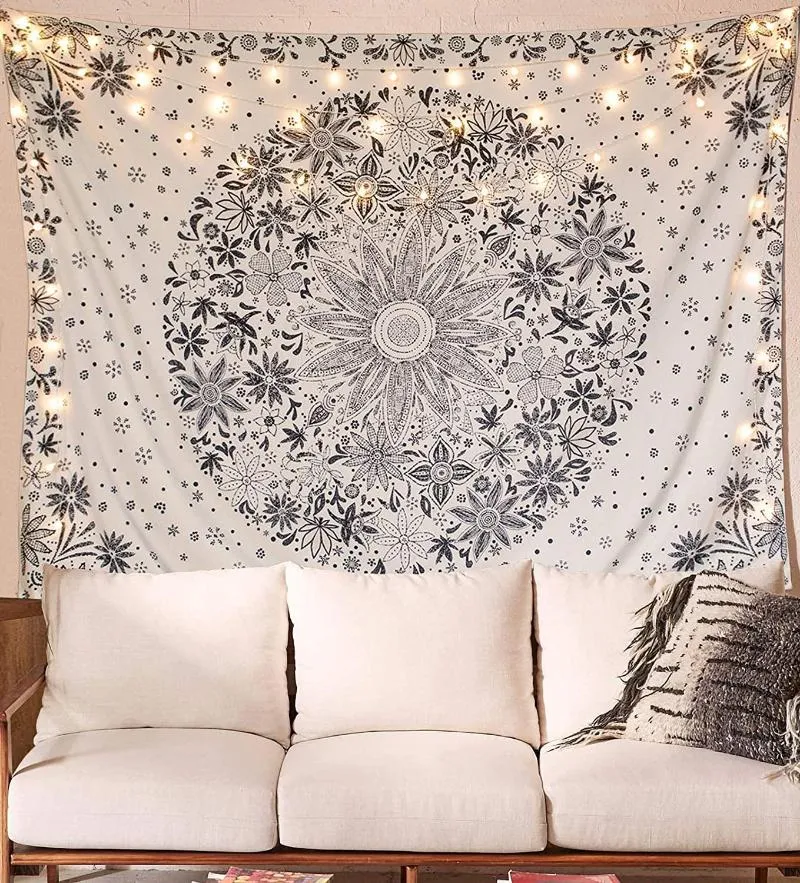 Tapisseries Noir Blanc Mandala Tapisserie Tenture Floral Daisy Hippie Trippy Décor Tissu Tapis