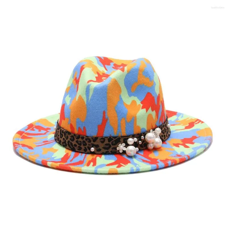Berretti 2023 Cappelli colorati per le donne Fashion Flat Wide Brim Panama Feltro di lana Jazz Fedora Uomo Tie-dye Color Hat Cap