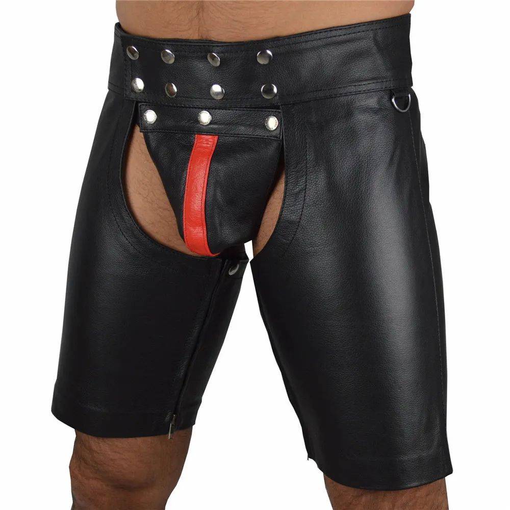 Men PU Faux Leather WetLook Shorts with Open Crotch Skinny Nightclub Wear Fetish Short Pants Casual Fashion Shorts Punk Costumes