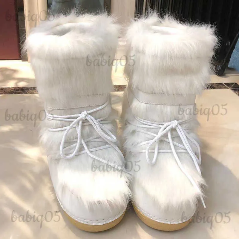 Stivali 2023 Stivali da neve invernali Scarponi da sci da donna Fluffy Hairy Lace Up Piattaforma al polpaccio piatta con scarponi da sci bianchi babiq05