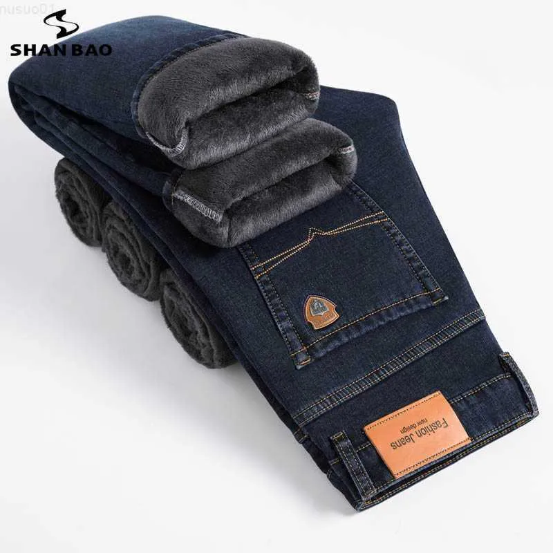 Shan Bao vintermärke passar rak fleece tjock varm klassisk badge ungdomsmän affärs avslappnad hög midja jeans 211009 L230726