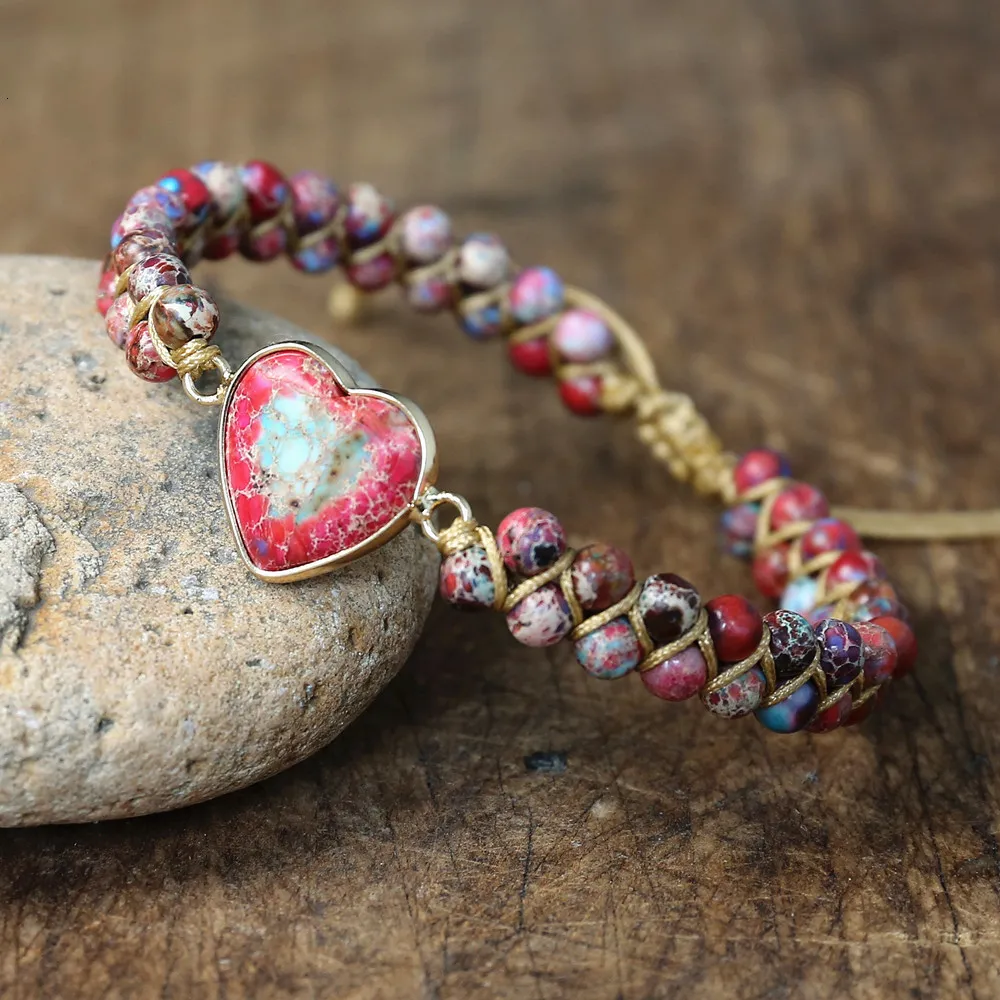 Braccialetto Imperial Stone Heart Shape Charm Bracciali Donna Bohemia Yoga String Bracciale intrecciato Amante Bracciale avvolgente Femme Gioielli fatti a mano 230726