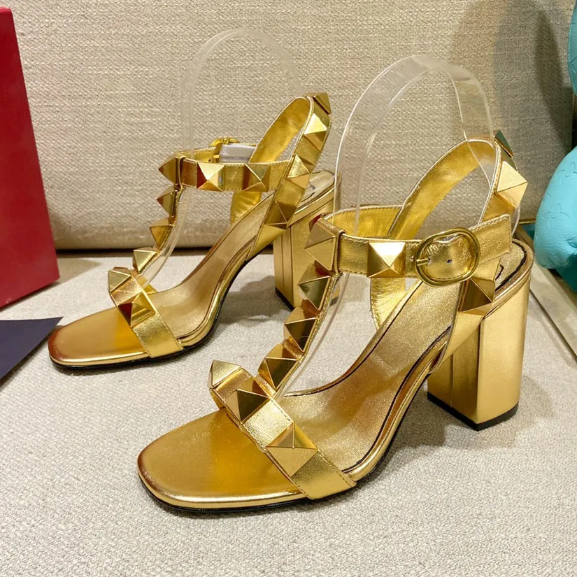 Gold thick heel shoes hot sale