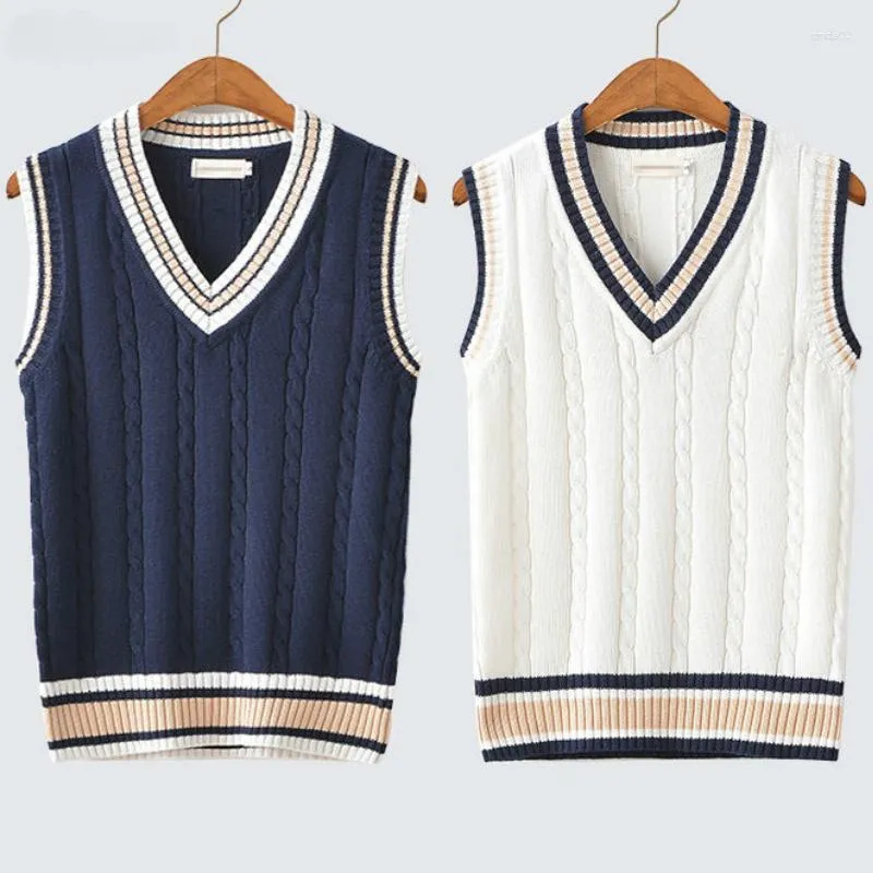 Gilet da uomo Maglione Gilet da uomo Addensato con scollo a V Maglioni lavorati a maglia senza maniche A righe Stile preppy retrò Semplice chic Allentato Casual Tutto-fiammifero