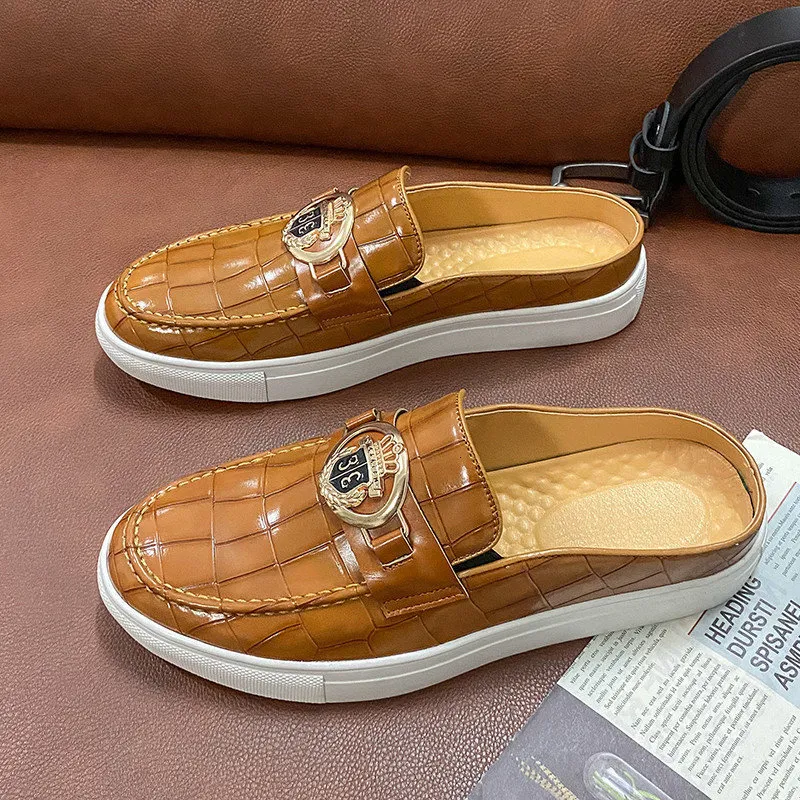 Jurk Schoenen Zomer Britse Stijl Bruine Heren Half Hoge Kwaliteit Slipon Heren Lederen Comfortabele Ademende Loafers 230726