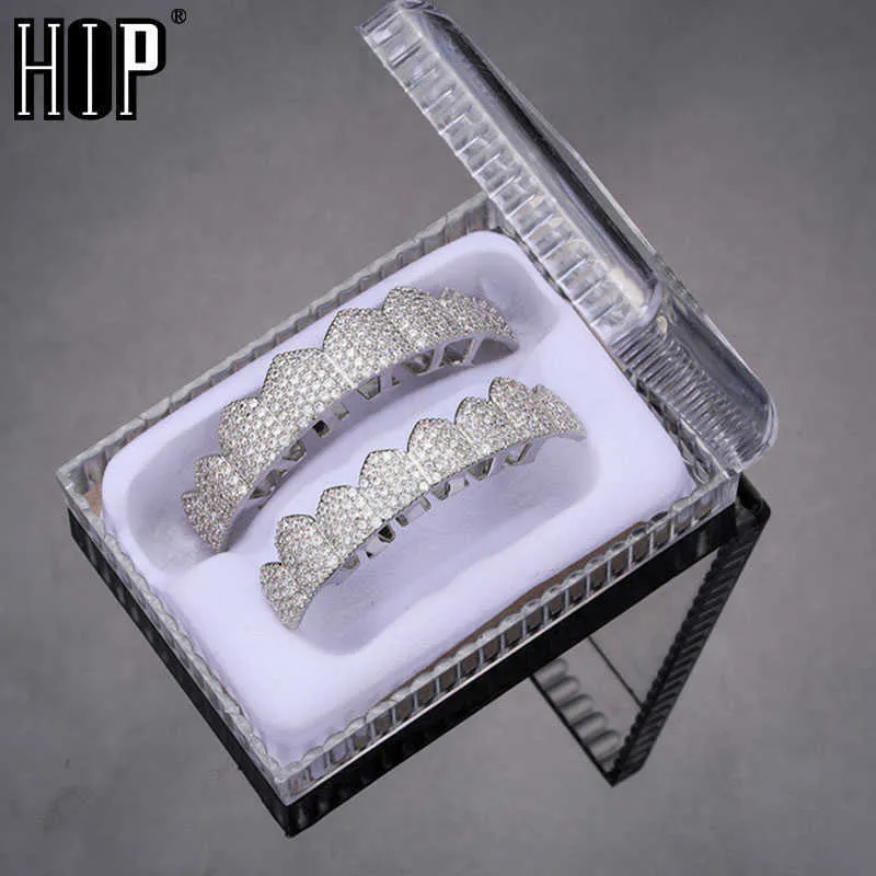 Hip Hop Dents Glacé Micro Pave Cubique Zircon Haut Bas Charme Grilles Ensemble pour Hommes Femmes Boîte À Bijoux Emballage 230726