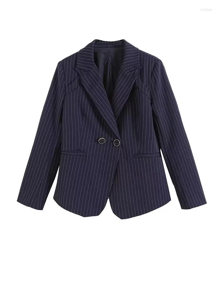 Abiti da donna Blazer blu scuro a righe Donna Chic Autunno Inverno Due bottoni Cappotti Giacche da donna da ufficio