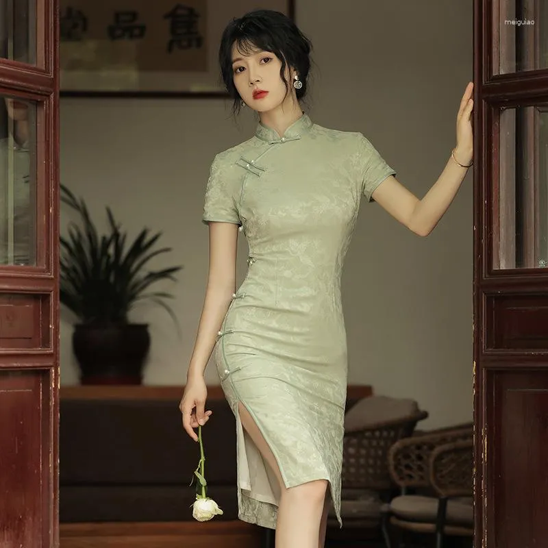 Ethnic Clothing 2023 Spring Green Cheongsam Vintage Improved Daily Mid Long Dress Short Sleeve Elegant Dresses With Liner S To 2XL