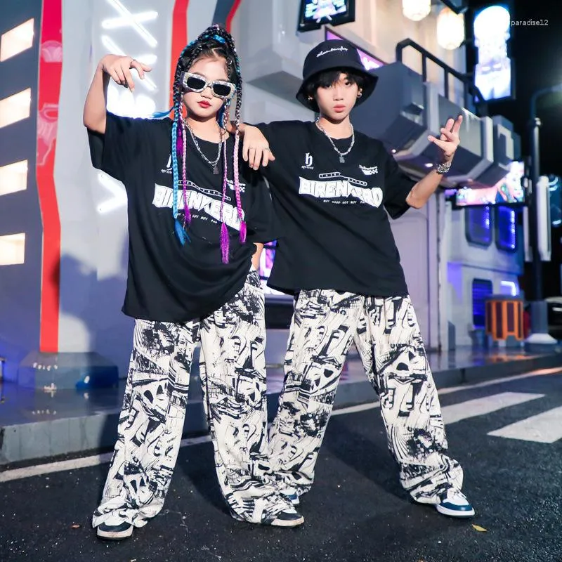 Abbigliamento da palcoscenico Abbigliamento da ballo moderno per bambini Costume da hip-hop Maglietta nera Pantaloni con pittura a inchiostro Kpop Abbigliamento da strada per ragazzi e ragazze