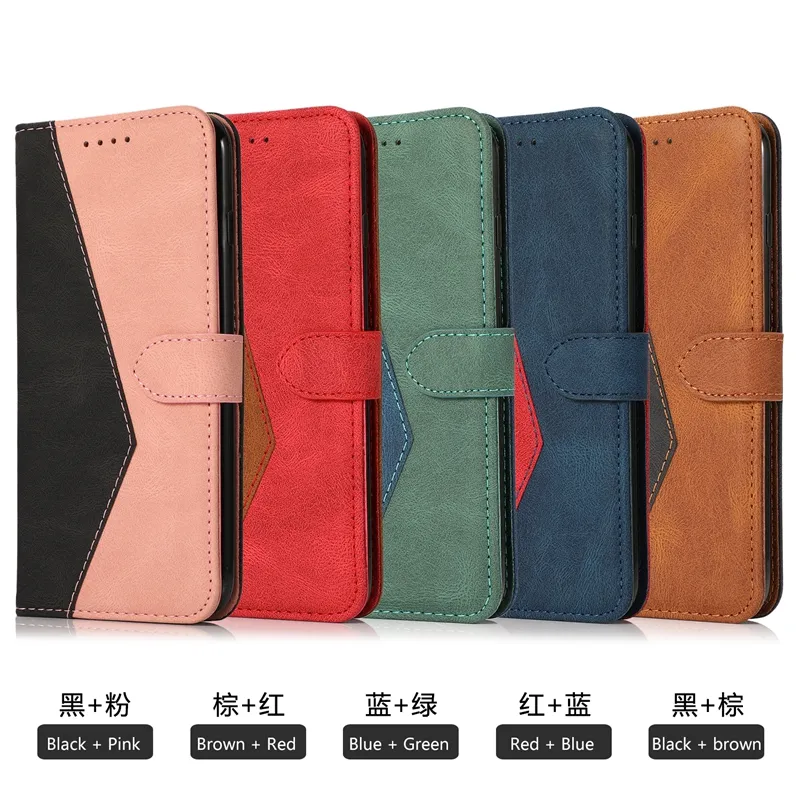 Étuis portefeuille en cuir de couleur de contraste de mode pour Iphone 15 14 13 Pro Max 12 11 XR XS X 8 7 6 Plus Géométrique Magnétique Hit Hybrid Credit ID Card Slot Holder Flip Cover Strap