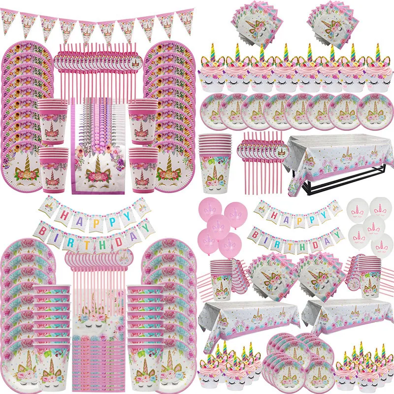 Andra evenemangsfestleveranser Unicorn Party Supplies Disponertabell Set Kids Birthday Party Decoration Unicornio Decor Plates Cup Banner Baby Shower 230725