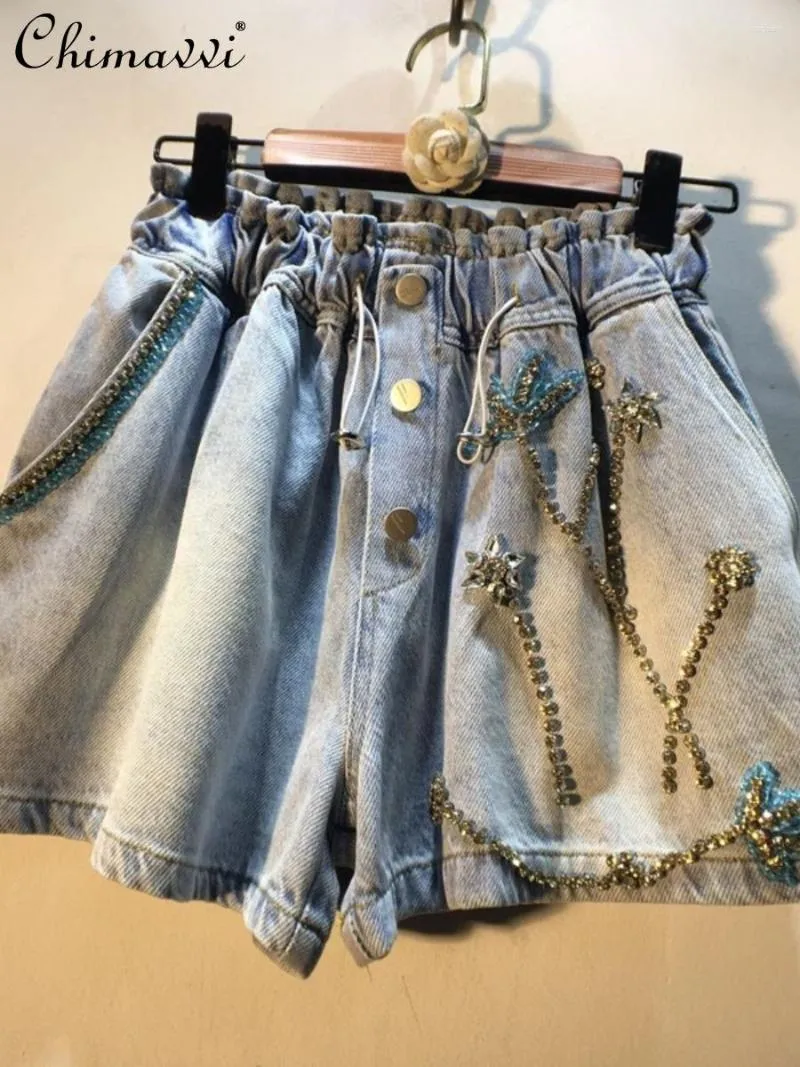 Short jeans feminino feminino 2023 verão europeu requintado com strass frisado cintura alta fina calça jeans perna larga