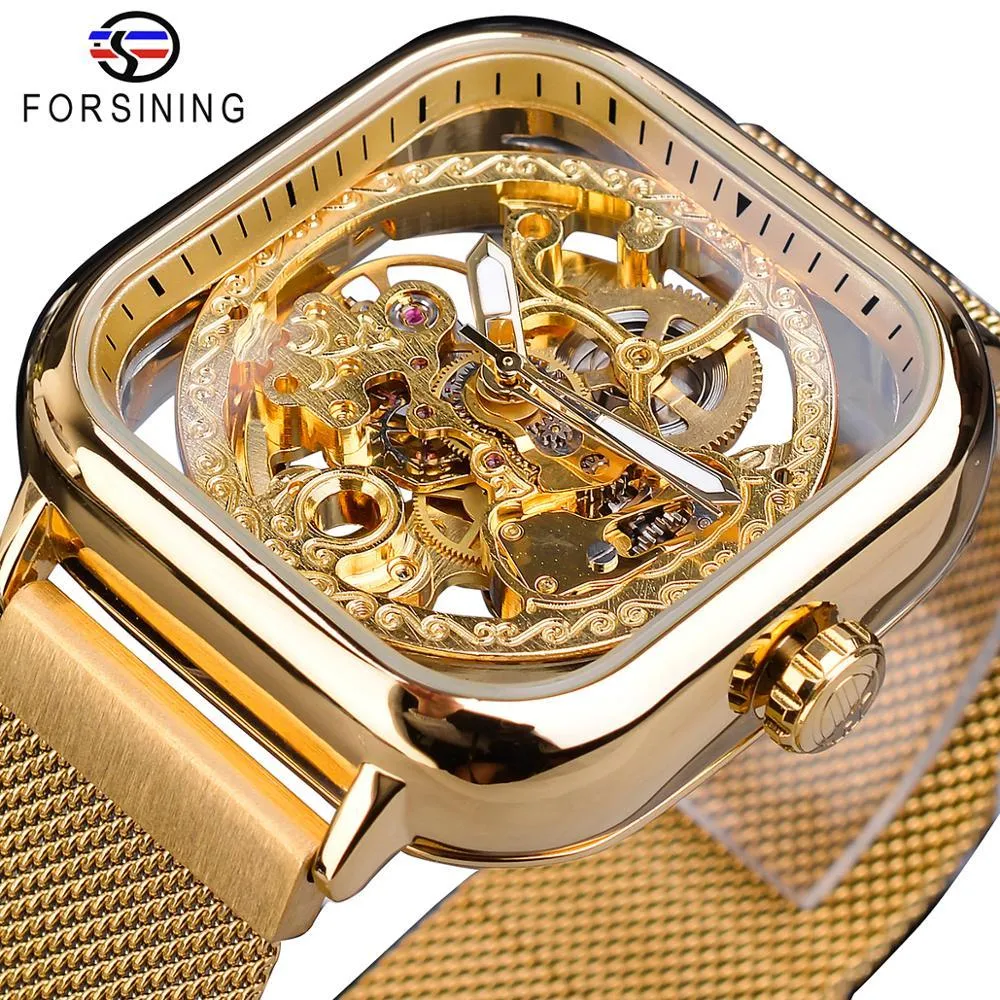 Jeans Forsining Men Mechanical Watches Automatic Selfwind Golden Transparent Fashion Mesh Steel Wristwatch Skeleton Man Male Hot Hour