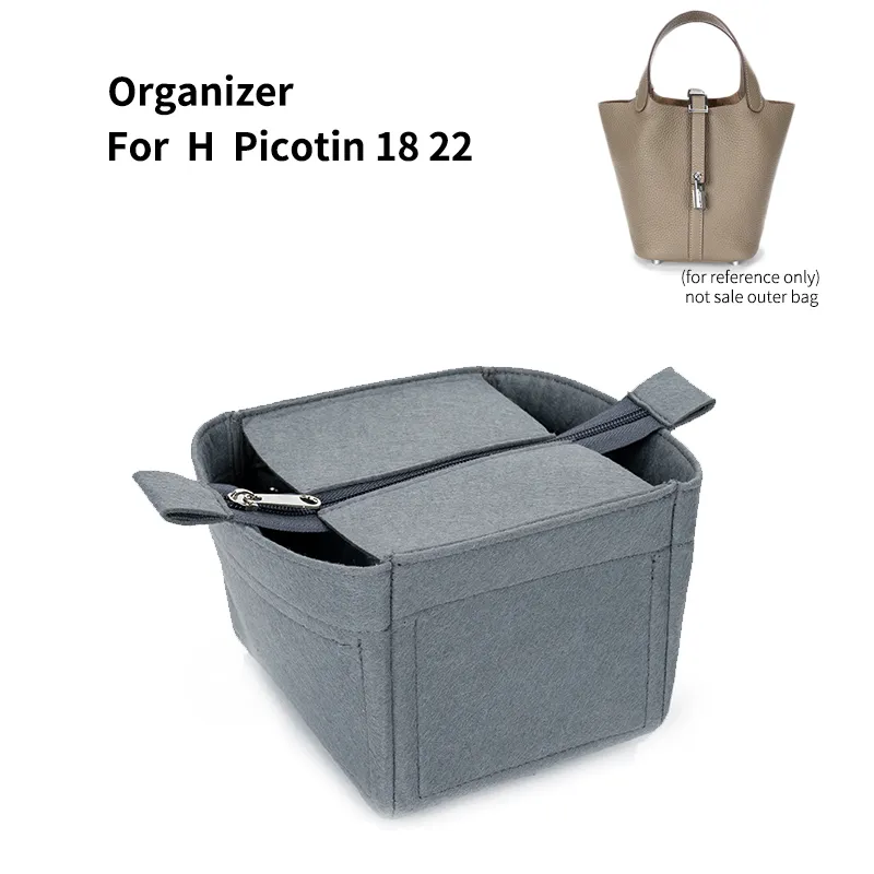 Inserção de organizador de bolsas de cosméticos femininas de feltro com zíper Saco Tote Shaper adequado para Picotin 18 22