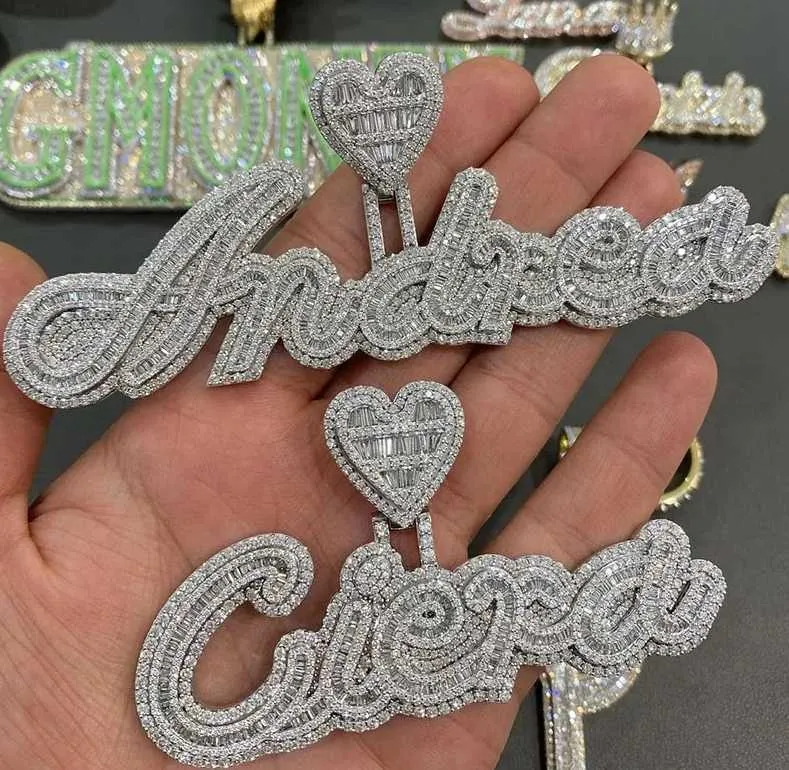 Gemas Aaa Conjunto de pontas de prata esterlina 925 Def Vvs Moissanite Diamante Nome personalizado Inicial Baguette Pingente gelado