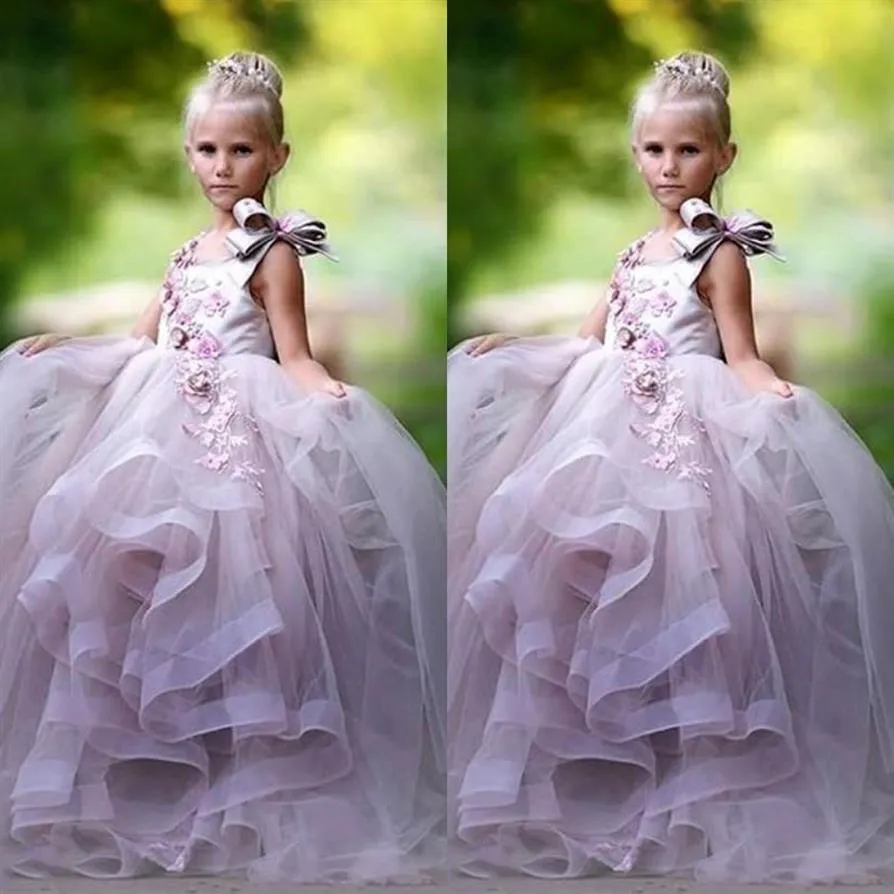 Güzel prenses balo elbisesi çiçek kız elbiseler 3d çiçek aplikler yay gilrs yarışmaya elbise kabarık tül uzun doğum günü elbisesi215g