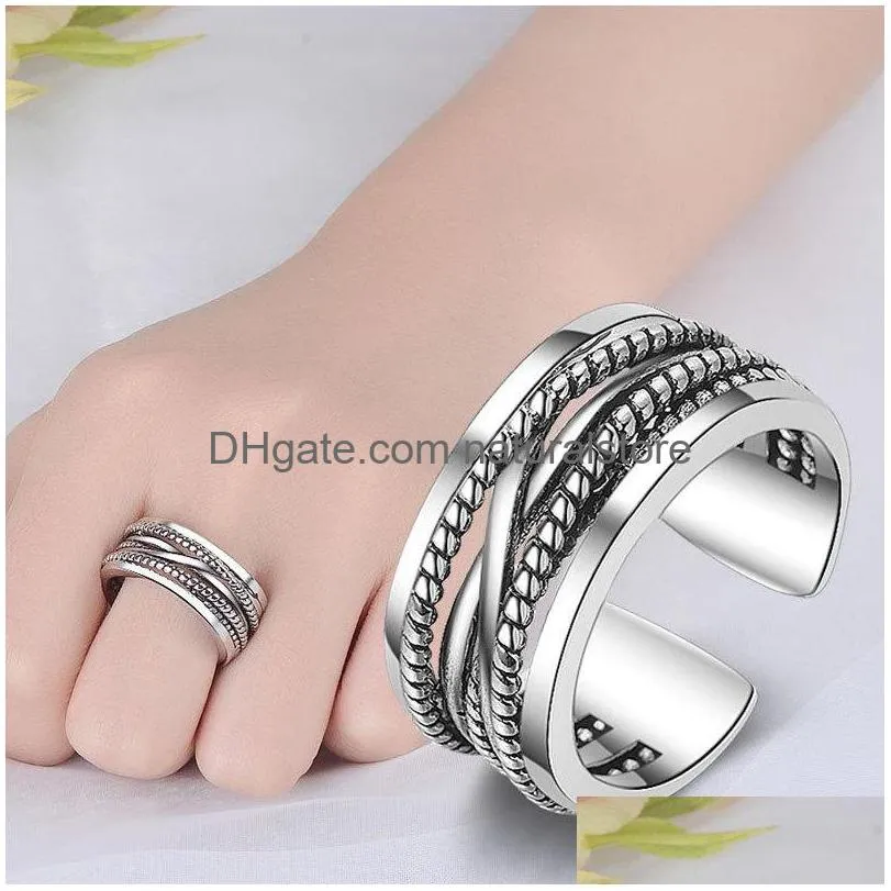 Bandringe Ancient Sier Braid Mti Layer Ring Open Adjustable Crossover Wide Chunky Stackable Männer Frauen Mädchen Modeschmuck Will und Dhlpb