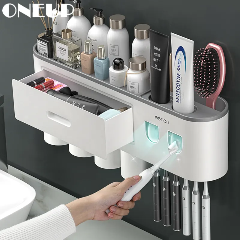 Porte-brosse à dents ONEUP support mural avec support de tasse magnétique dentifrice presse-agrumes organisateur de stockage accessoires de salle de bain ensemble 230726