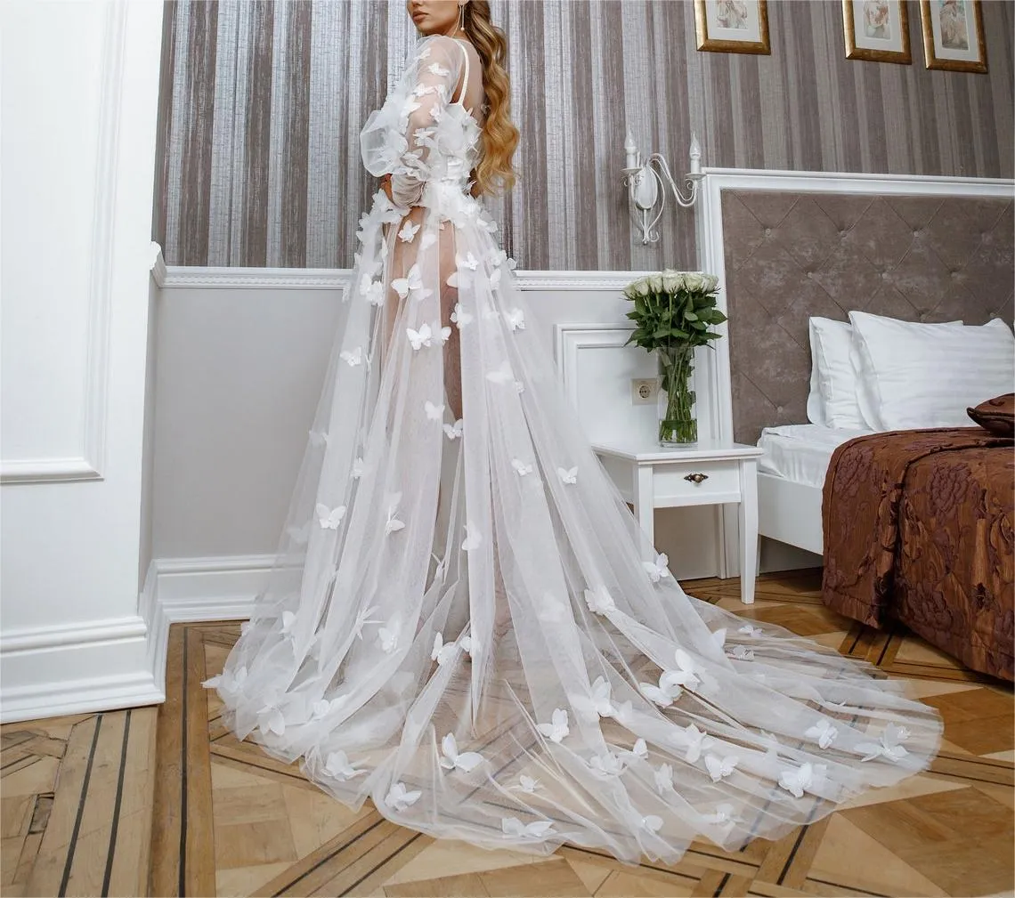 Kelebek Aplikler Tül Gelin Cobe Sweetwear Uzun Kollu İç Çamaşırı Düğün Akşam Batnap Nightwear Özel Yapımı Cobe Gowns