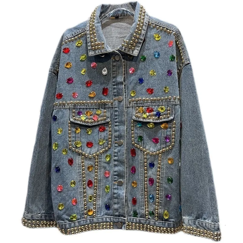 Veste En Jean Oversize à Paillettes Femme – Boyfriend Style Patchwork, Manches Longues Bling-Bling
