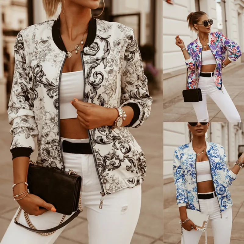 Kvinnorjackor Fashion Flower Print långärmad Bomber Jacket Zipper Up Vintage Coat Tops Elegant Slim Basic Ladies 4 Color 230726