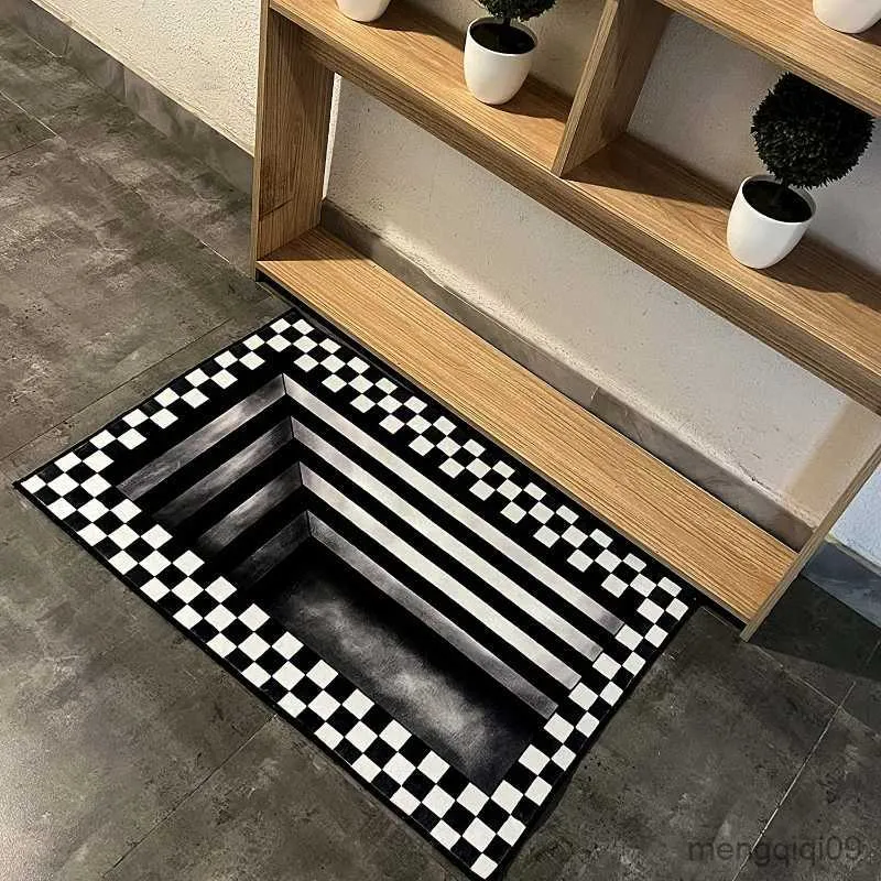 Carpets 3D Illusion Square Rug Outdoor Mat Black and White Checkerboard Trap Floor Mat Decoration Indoor Rug Bathroom Mat R230726