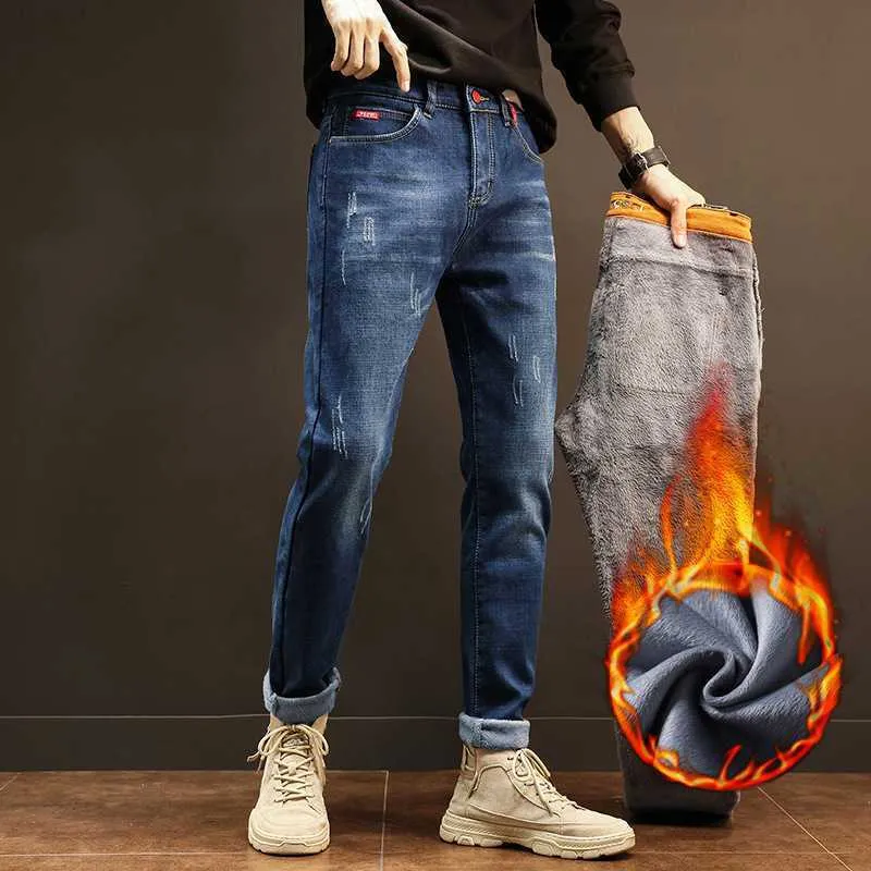 Herr jeans vinter termisk varm flanell stretch mens kvalitet berömda märke fleece byxor män raka flocking byxor jean man y2303 l230726