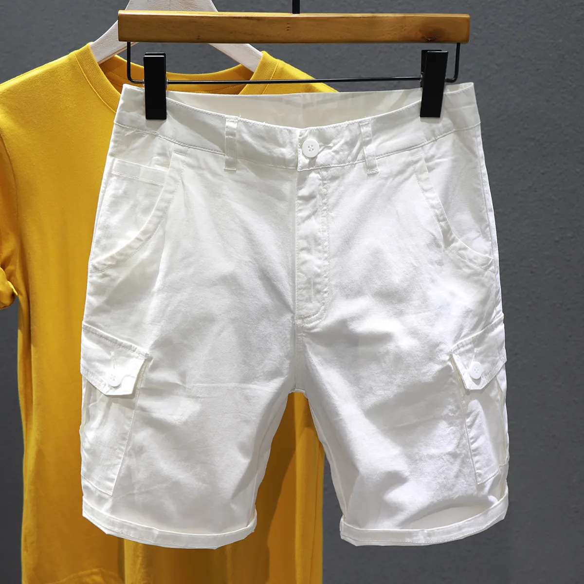Shorts cáqui branco masculino 2023 verão fino moda macacão com vários bolsos reto folgado roupas masculinas casuais shorts cargo de perna larga