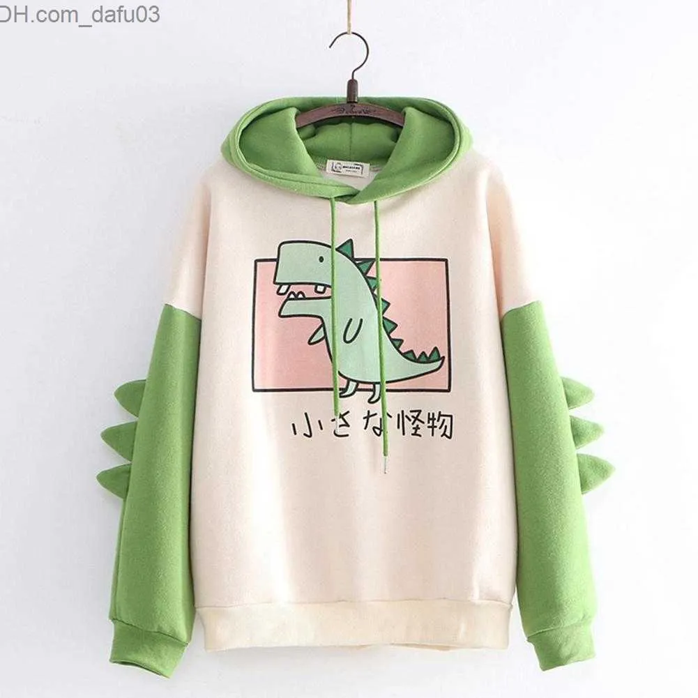 Kadın Hoodies Sweatshirts Dinozor Süper Karikatür Hoodie Kadın Moda Sweatshirt Sıras Baskı Kore Kalın Sweatshirt Kış Dino Hoodie Top Z230726