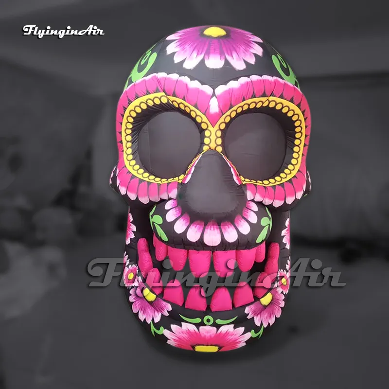 Fantastisk stor lila uppblåsbar La Catrina Skull Model hängande avliden huvudbenballong för Halloween -dekoration