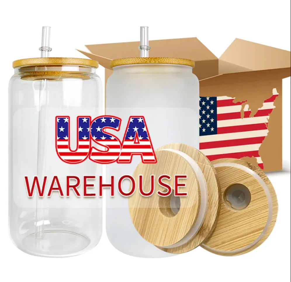 США Стокол 16 унций бутылки с водой DIY Blank Sublimation Can Can Tumblers в форме пивных стеклянных чашек с бамбуковой крышкой и соломой для кофейной соды со льдом 4.23