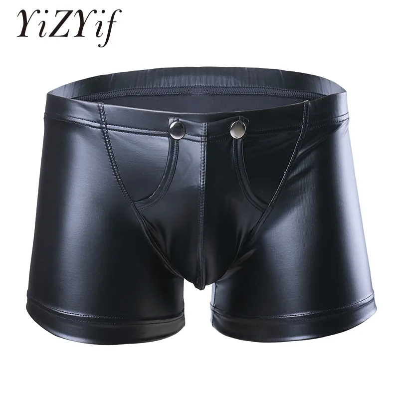 Sexy Men Lingerie Pantaloncini in ecopelle Mutande Intimo Bottone a pressione con custodia rigonfia Intimo Hombre Abbigliamento da notte Clubwear