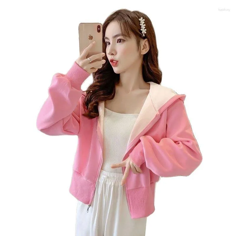 Sudaderas con capucha para mujer 2023, Sudadera con capucha rosa de manga larga para mujer, Chaqueta corta holgada coreana para primavera y otoño, Tops con cremallera y letras bordadas para mujer