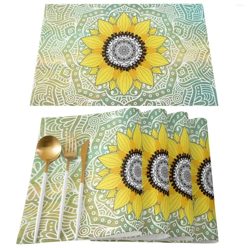 Tapis de Table tournesol Mandala vert napperon pour salle à manger vaisselle 4/6 pièces cuisine plat tapis Pad comptoir décoration de la maison