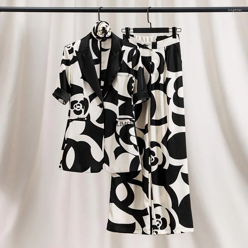 Pantaloni a due pezzi da donna Vestito da festival Vestibilità ampia Lunghezza intera Gamba larga Motivo geometrico Stampa Set di pantaloni a un bottone Ensemble Femme 2