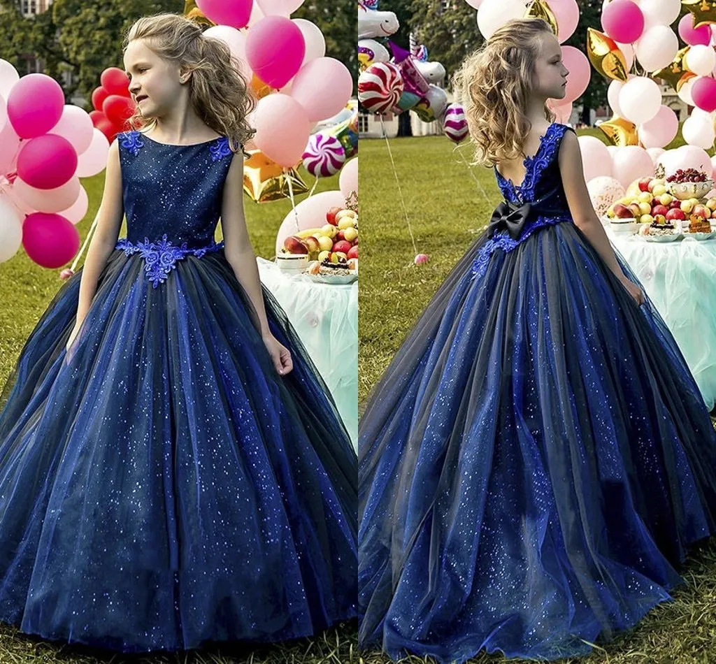 Deslumbrantes lentejuelas azul marino oscuro Vestidos de niña de las flores Apliques de encaje Vestidos de fiesta para niñas pequeñas Vestidos hasta el suelo Niños Niños Vestido largo para eventos formales CL2650