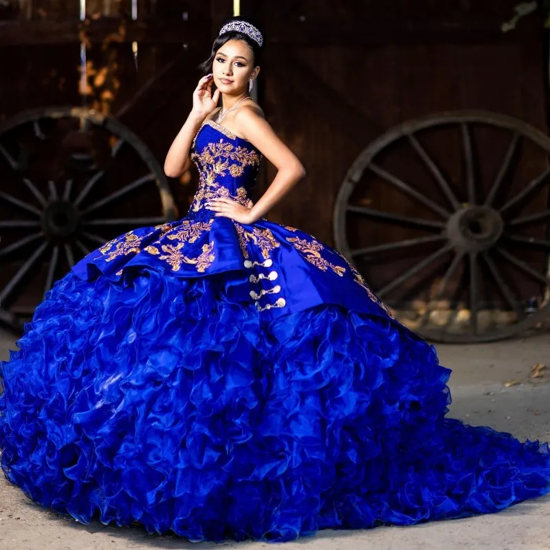 Navy Blue Quinceanera Dresses Ball Gown Off The Shoulder Organza Appliques Embroidery Mexican Sweet 16 Dresses 15 Anos