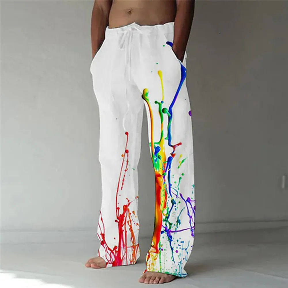 Men's Pants Men's Pigment Straight Trousers 3D Print Elastic Drawstring Design Front Pocket Pants Beach Rainbow Color Graphic Prints Comfort 230726