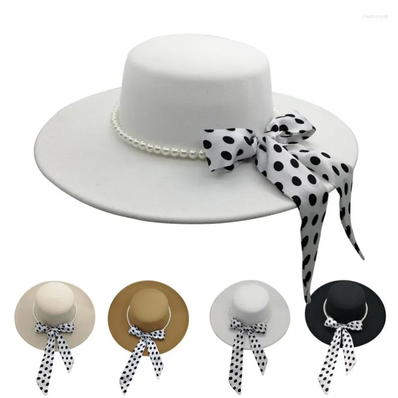 Berretti 9.5CM Cappello Fedora bianco a tesa larga Donna Elegante fiocco di perle Flat Top Autunno e inverno Lana Barnacle Jazz