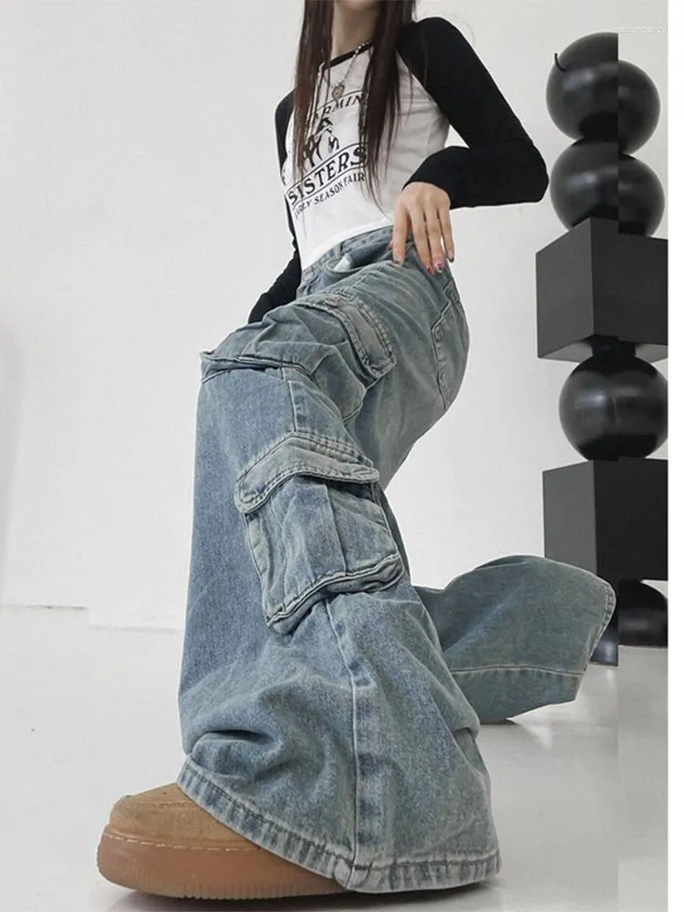 Jeans pour femmes multi-poches rétro bleu couleur femmes taille haute Jean pantalon 2000s dames lâche droite Denim pantalon Y2K Harajuku Streetwear