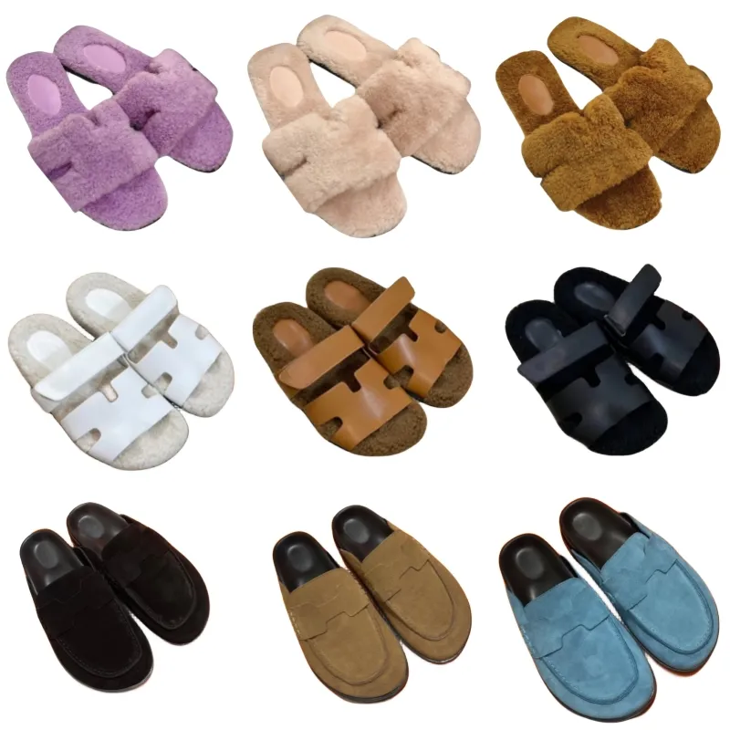 Pantoufles de luxe chaussures de créateur en fourrure pour femmes, mocassins à talons plats, chaussures à plateforme cerceaux, diapositives chaudes d'hiver, chaussures de plage de marque avec lettres, couleur unie, paresseux et confortables