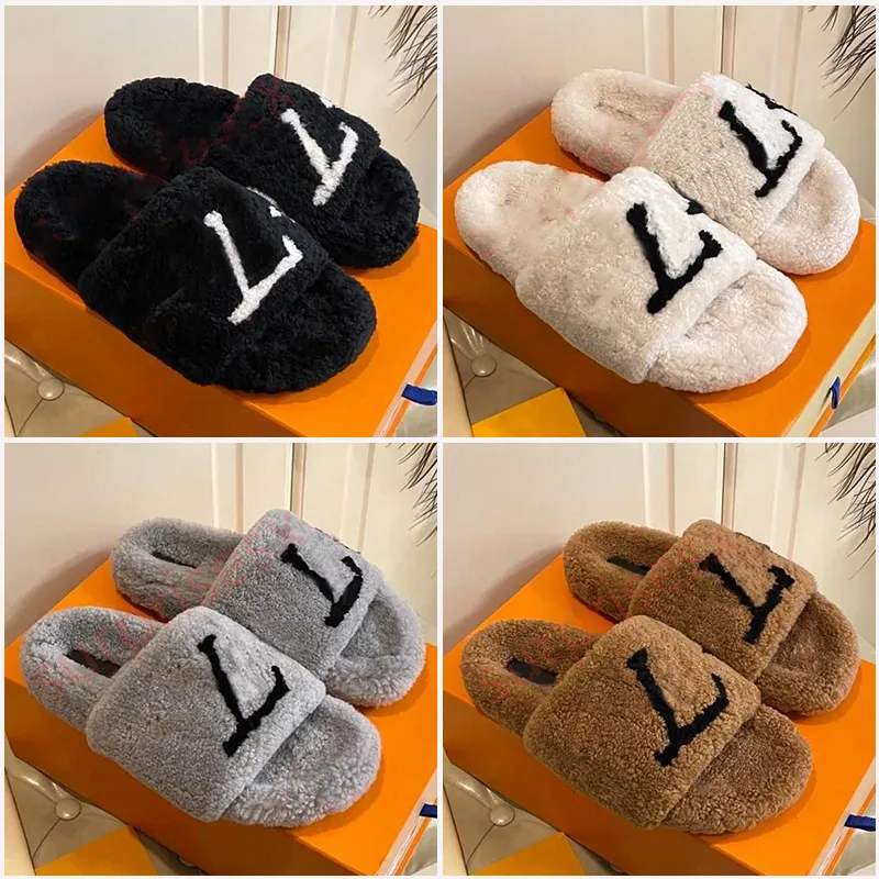 Med låda med Box Sherpa Alfabetdesignerskor Plush Autumn Winter Flat Sandals Solid Color Fuzzy Fluffy Slippers Women's Casual