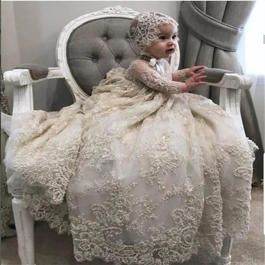 Luxe blanc ivoire robe de baptême dentelle perles bébé filles robes de baptême enfant en bas âge infantile robe de baptême avec bonnet245Z