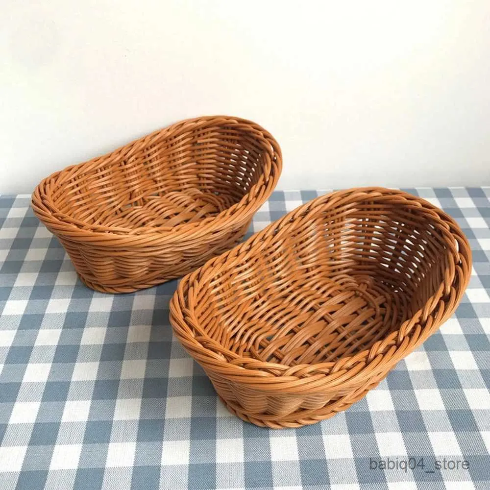 Cestas de armazenamento oval curvo rattan tecido servindo cestas para pão frutas legumes restaurante servindo mesa display rattan cesta r230726
