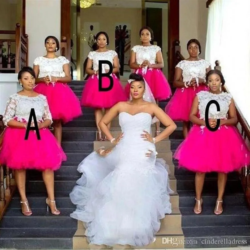 2020 vestidos de dama de honor africanos fucsia de talla grande mangas cortas cubiertas con apliques de encaje vestidos de invitados de boda hasta la rodilla Cockta258P