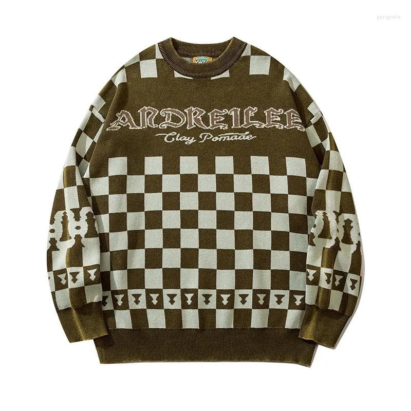 Męskie swetry zabytkowe dzianiny kobiety Kobiety harajuku para swobotowy bawełniany sweter w tym samym stylu Green Checkerboard Tops 2023 Autumn