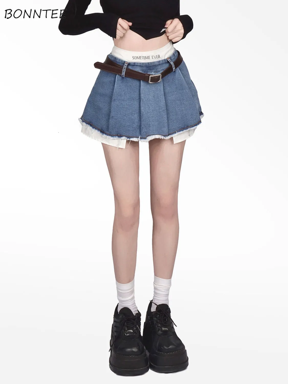 Skirts Fake Two Pieces Denim Skirts with Lining Women Mini Summer Chic Sexy Girls Preppy Ulzzang Ins Pleated Irregular Y2k Streetwear 230725