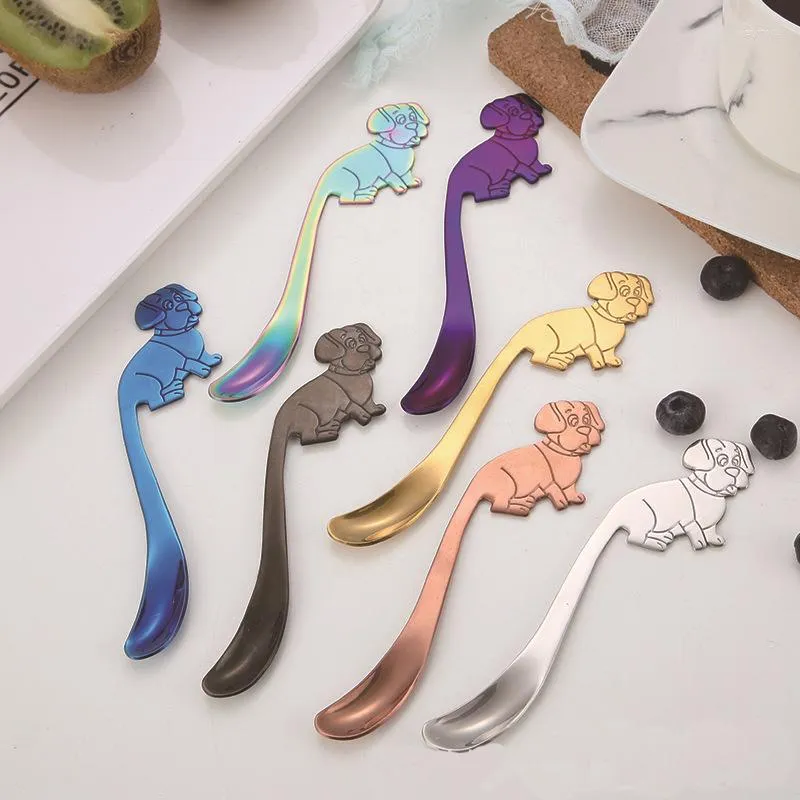 Servis uppsättningar Creative Cartoon Dog Coffee Scoop Stainless Steel Muddler Colorful Mixing Spoon Ice Dessert St Rod 1Set