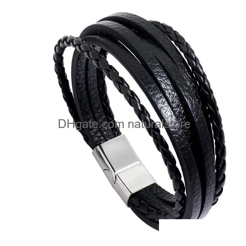 Charm Bracelets Retro Leather Mti Layer Wrap Bracelet Stainless Steel Buckle Fashion Mens Bangle Cuff Wristband Jewelry Will And Sandy Dhlx4